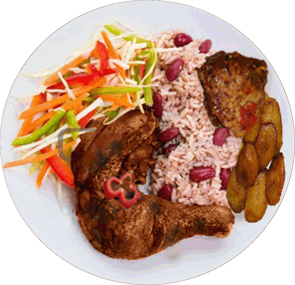 Jamaican Jerk Chicken, with vegetables, rice and peas, and plantains