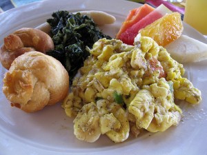 Jamaican breakfast with ackee and saltfish and dumplings