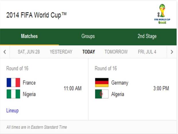 2014 FIFA World Cup - Match Schedule for Monday, June 30, 2014