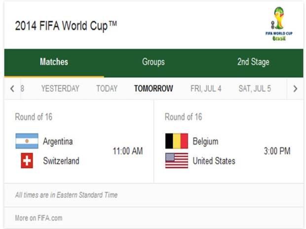2014 FIFA World Cup - Match Schedule for Tuesday, July 1, 2014