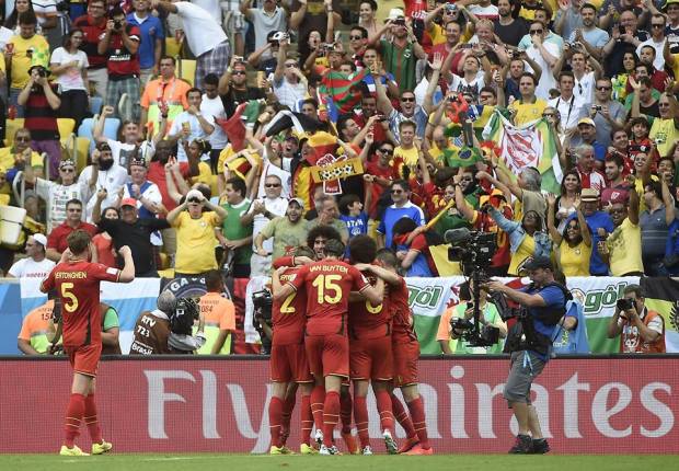 2014 FIFA World Cup - Belgium's footballers celebrate a goal against Russia.