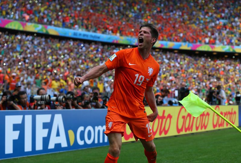 2014 FIFA World Cup - Klaas-Jan Huntelaar celebrates scoring the winning goal in added time for the Netherlands.