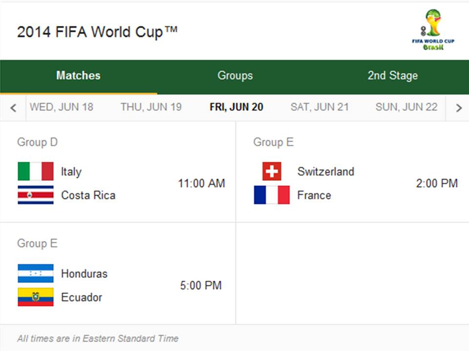 Match Schedule for Friday, June 20, 2014