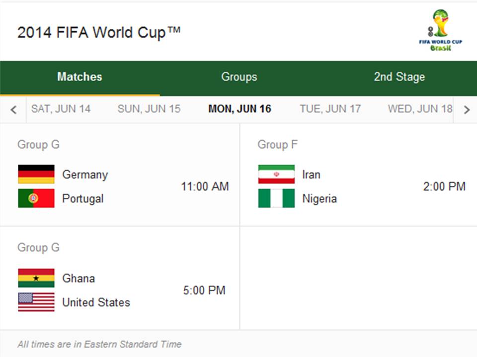Match Schedule for Monday, June 16, 2014