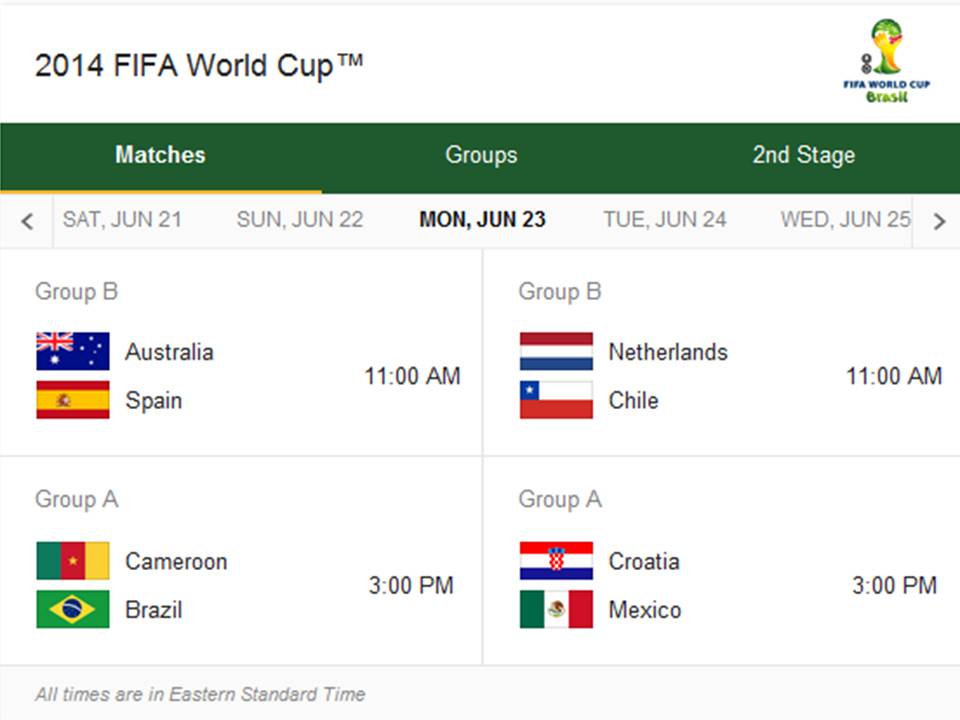 2014 Fifa World Cup - Match Schedule for Monday, June 23, 2014