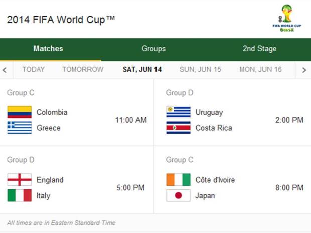 Match Schedule for Saturday, June 14, 2014
