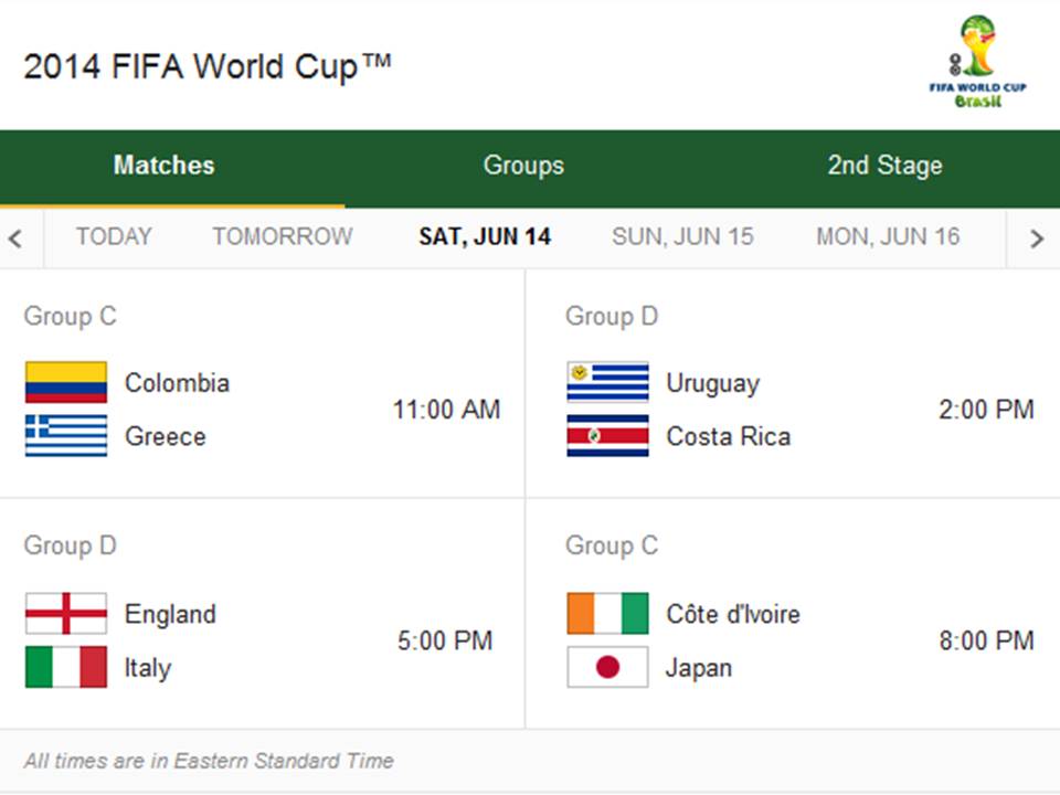 Match Schedule for Saturday, June 14, 2014