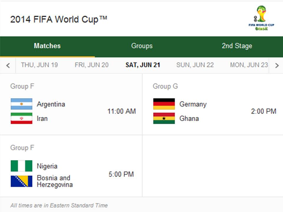 Match Schedule for Saturday, June 21, 2014