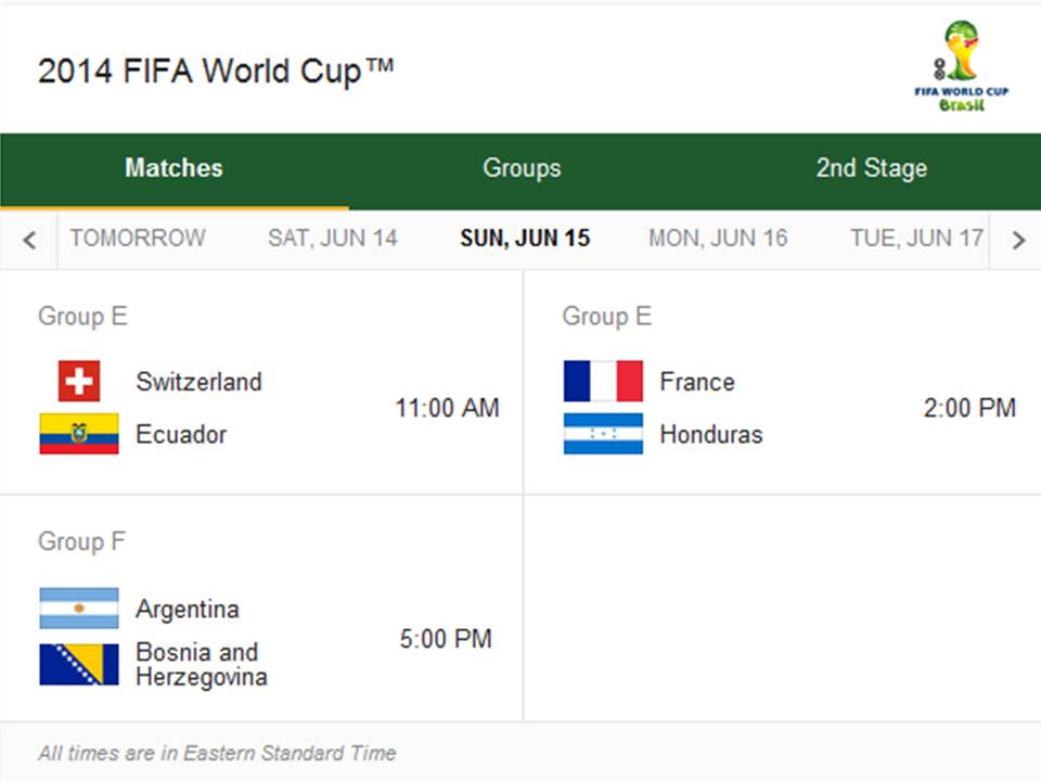 Match Schedule for Sunday, June 15, 2014