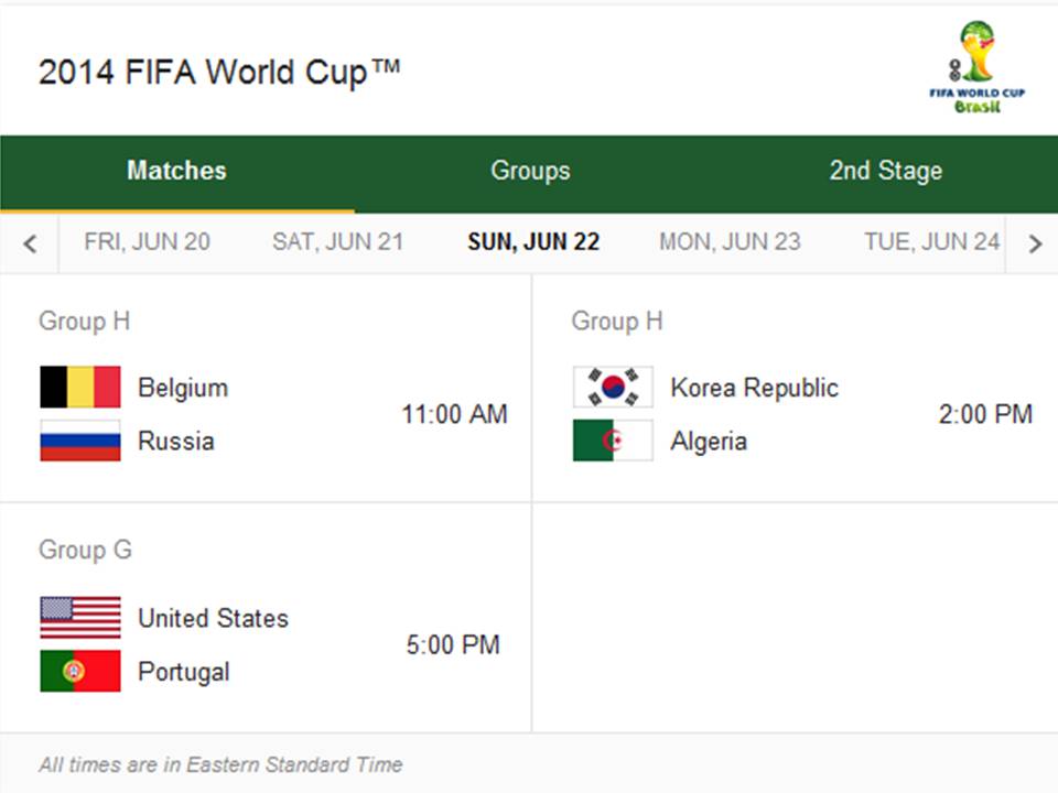 Match Schedule for Sunday, June 22, 2014