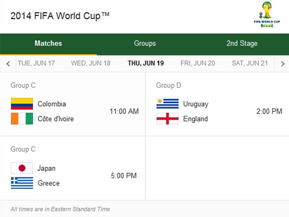 2014 Fifa World Cup Match Schedule for Thursday, June 19, 2014