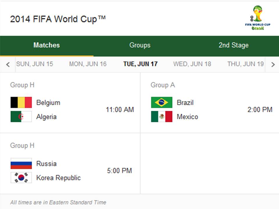 Match Schedule for Tuesday, June 17, 2014