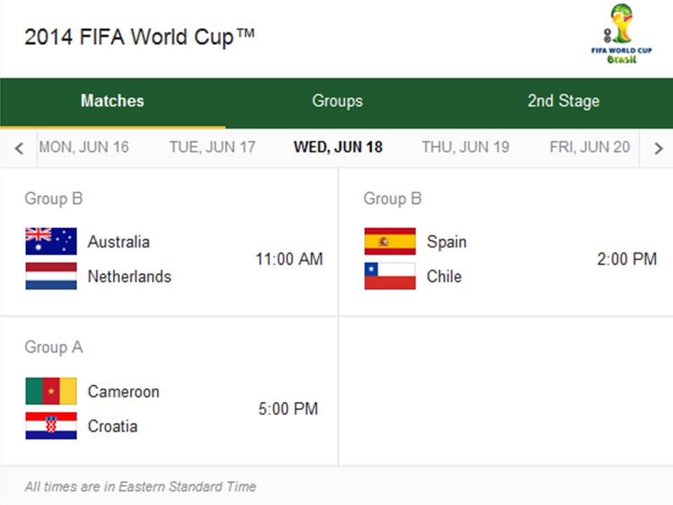 Match Schedule for Wednesday, June 18, 2014