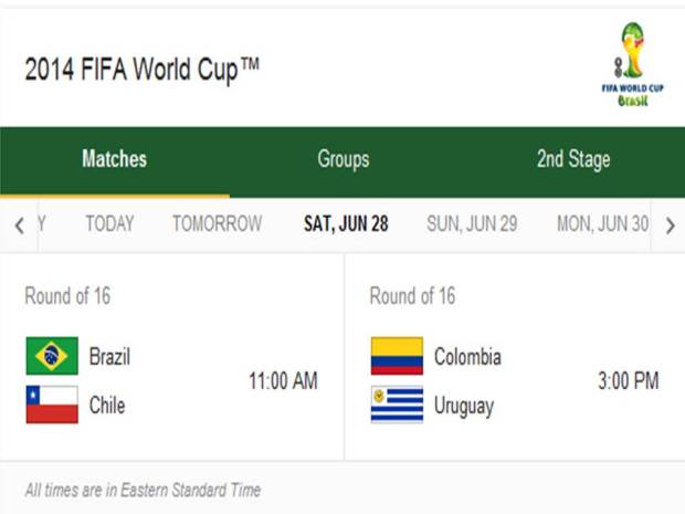 Match Schedule for Saturday, June 28, 2014