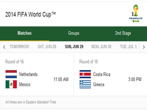 Match Schedule for Sunday, June 29, 2014