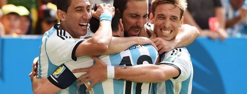 2014 Fifa World Cup - Argentina players celebrate Gonzalo Higuain's goal against Belgium