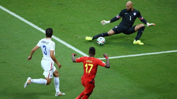 2014 FIFA World Cup - Belgium forward Divock Origi has a shot saved by USA goalkeeper Tim Howard.