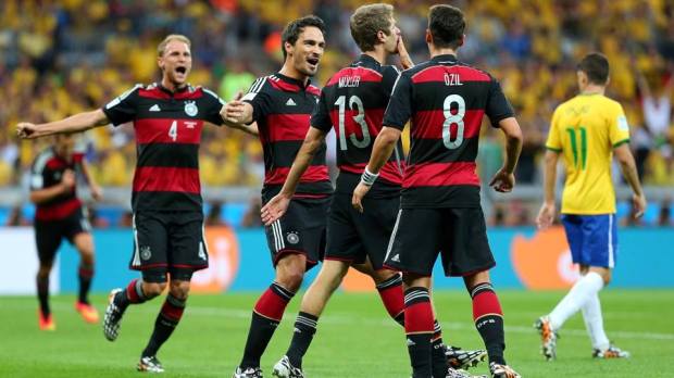 2014 FIFA World Cup - Germany's Thomas Muller celebrates scoring the opening goal in Belo Horizonte.