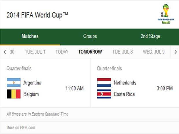 2014 FIFA World Cup - Match Schedule for Saturday, July 5, 2014