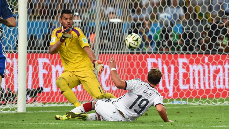 Germany's forward Mario Goetze celebrates after scoring during the World Cup 2