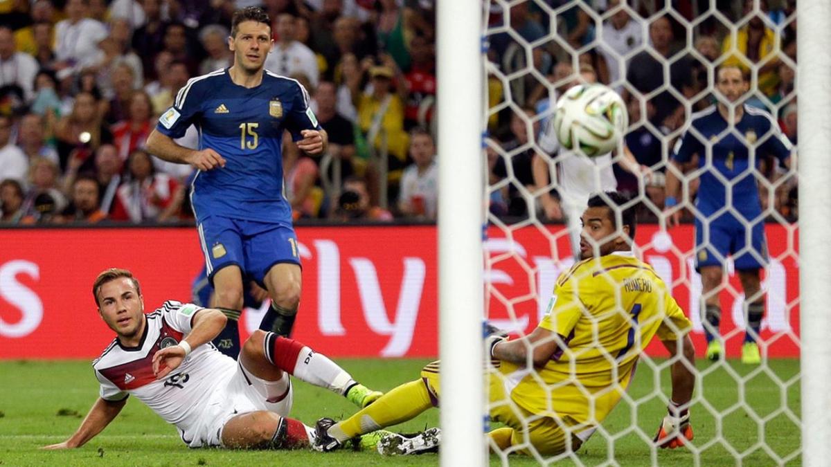 Germany's forward Mario Goetze celebrates after scoring during the World Cup 3