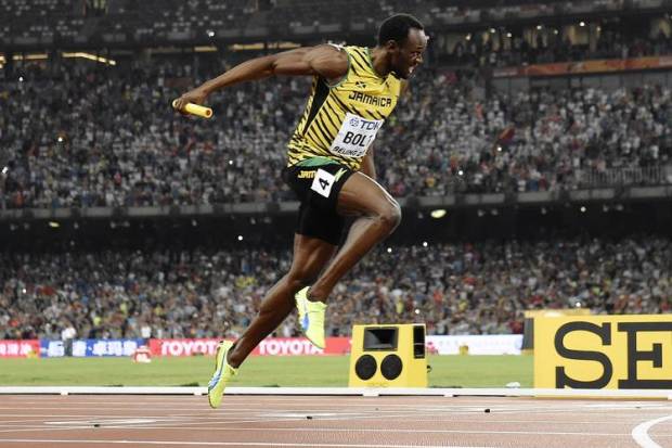 Bolt crossed the finish line to win the final of the men's 4x100 meter relay... Bolt crossed the finish line to win the final of the men's 4x100 meter relay for the Jamaican team at the 2015 IAAF World Championships in Beijing in August 2015.