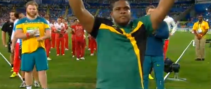 ODayne Richards throwing in the Men's Shot Put Final at ‪#‎Rio2016‬ ‪#‎Olympics